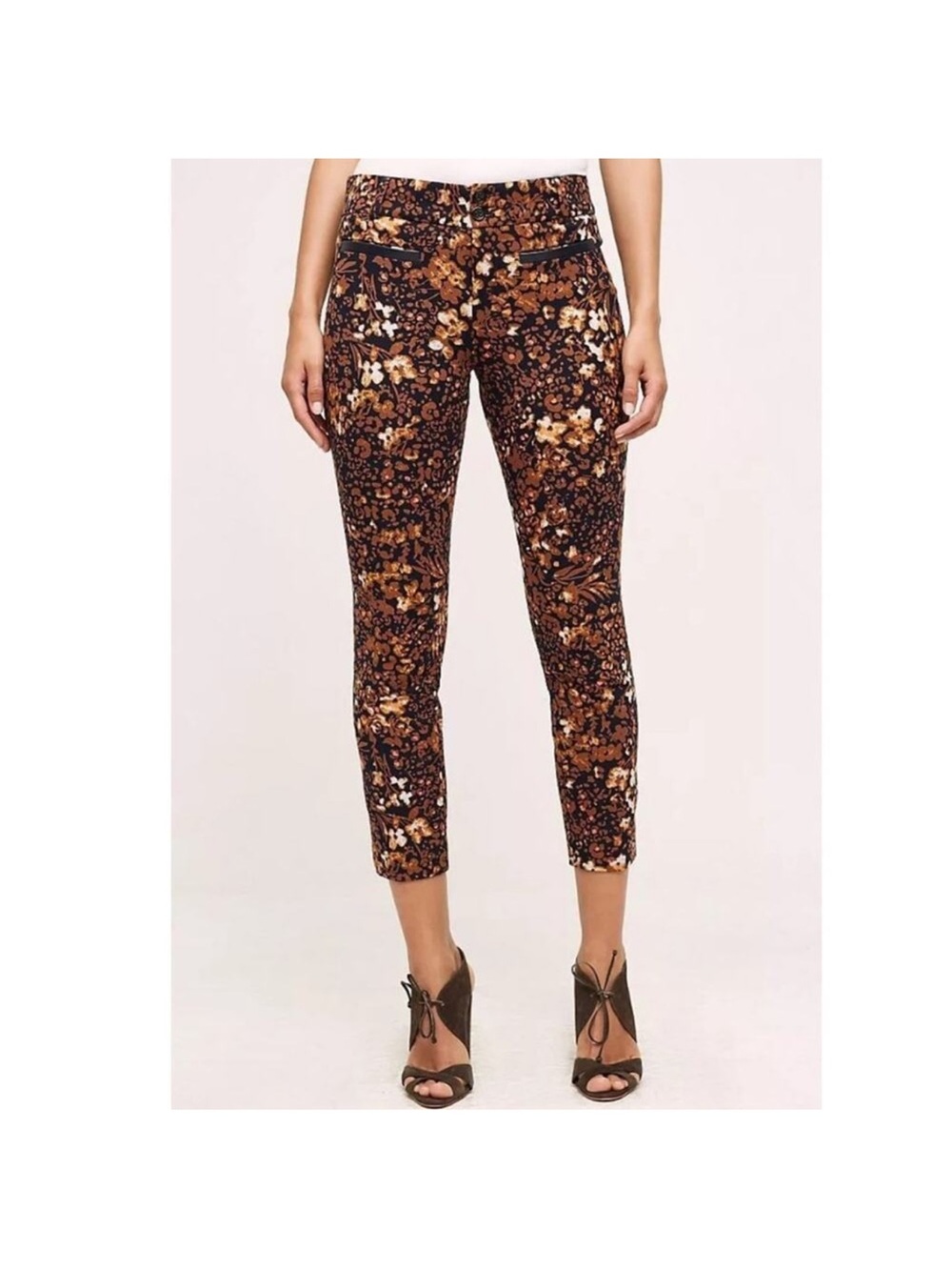 Anthropologie The Essential Slim Trouser Brown Black Floral Pattern Size 4 EUC